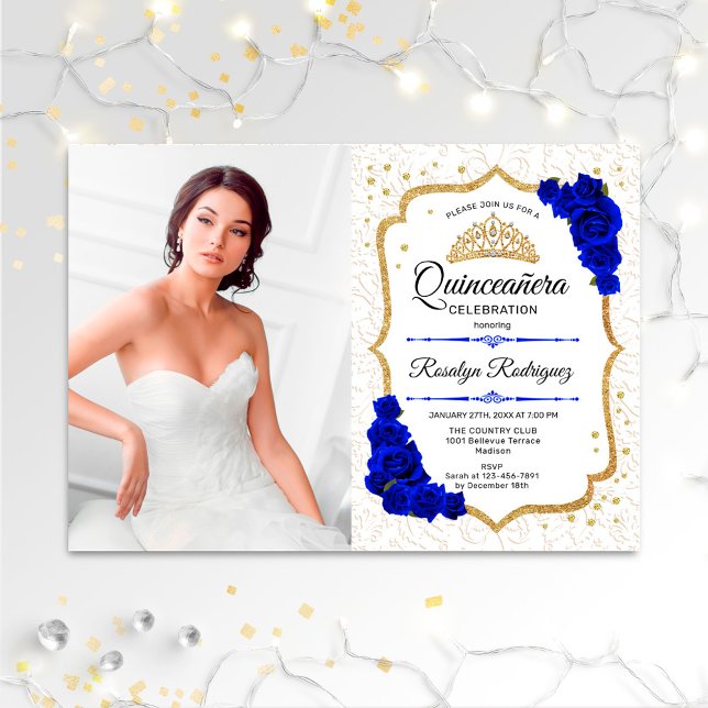 Quinceanera Party med foto - vit Guld blå Inbjudningar (Skapare uppladdad)