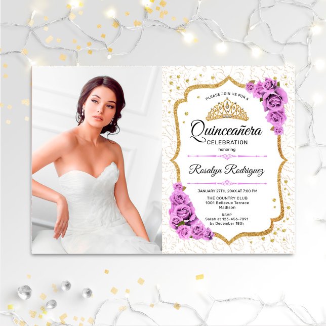 Quinceanera Party med foto - vit Guld Lila Inbjudningar (Skapare uppladdad)