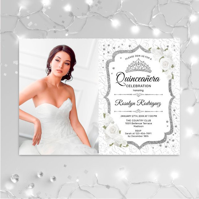 Quinceanera Party med foto - Vita Silver Inbjudningar (Skapare uppladdad)