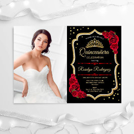 Quinceanera Party med Photo - Black Red Guld Inbjudningar