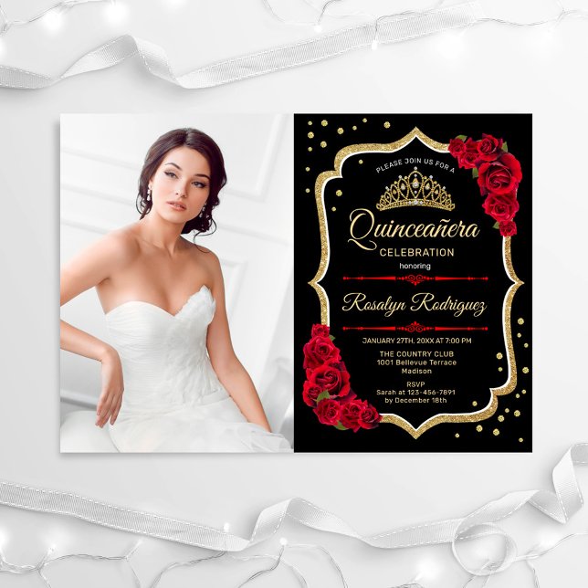 Quinceanera Party med Photo - Black Red Guld Inbjudningar (Skapare uppladdad)