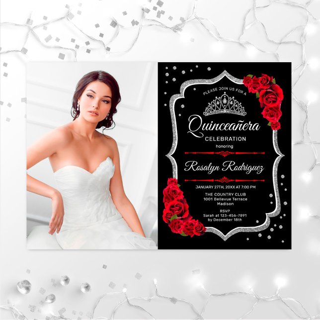 Quinceanera Party med Photo - Black Red Silver Inbjudningar (Skapare uppladdad)