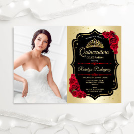 Quinceanera Party med Photo - Guld Black Red Inbjudningar
