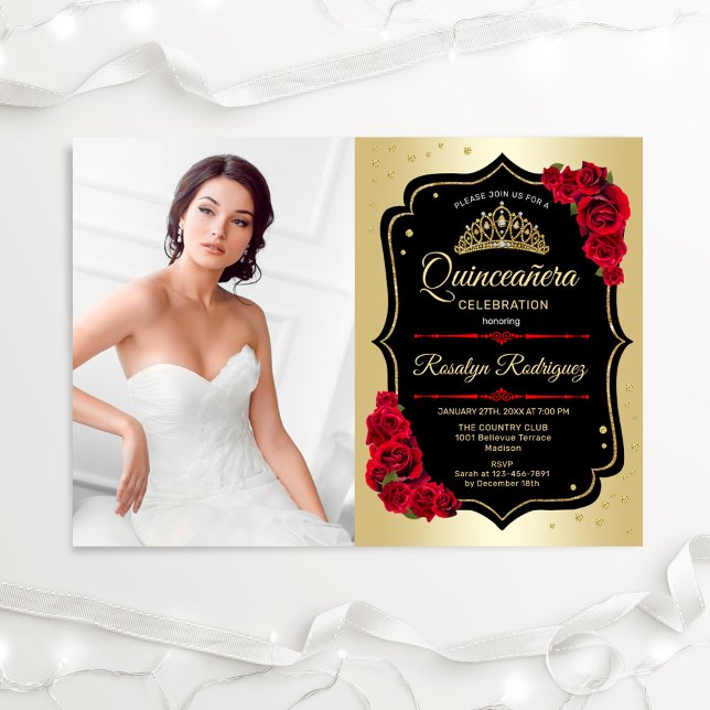 Quinceanera Party med Photo - Guld Black Red Inbjudningar (Skapare uppladdad)