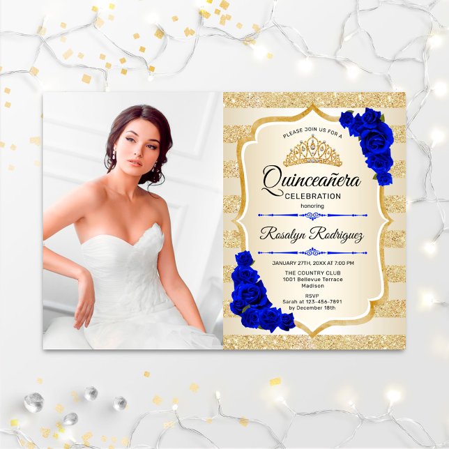 Quinceanera Party med Photo - Guld Royal Blue Inbjudningar (Skapare uppladdad)