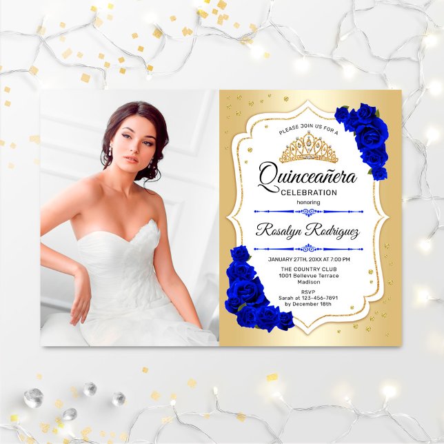 Quinceanera Party med Photo - Guld Royal Blue Inbjudningar (Skapare uppladdad)