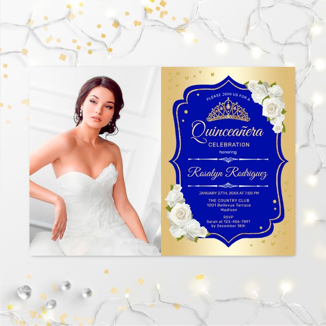 Quinceanera Party med Photo - Guld Royal Blue Inbjudningar (Skapare uppladdad)