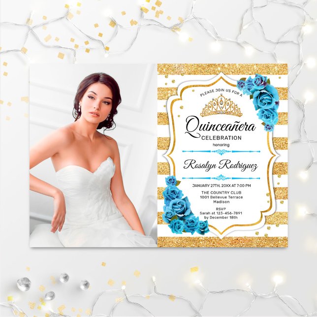 Quinceanera Party med Photo - Guld Turquise Blue Inbjudningar (Skapare uppladdad)