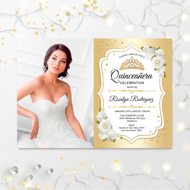 Quinceanera Party med Photo - Guld White Inbjudningar (Skapare uppladdad)