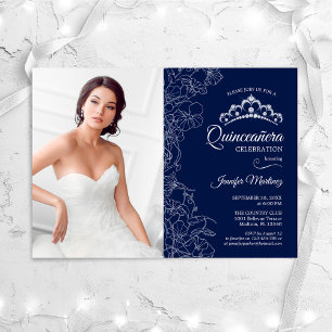 Quinceanera Party med Photo - marinvit Blommigt Inbjudningar