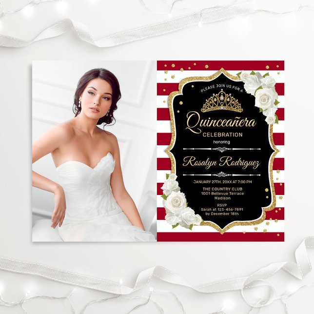 Quinceanera Party med Photo - Red Black Guld Inbjudningar (Skapare uppladdad)