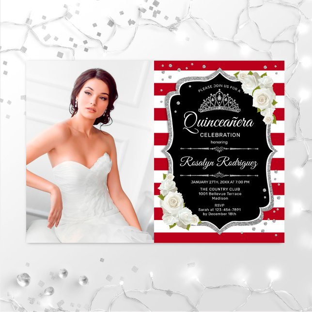 Quinceanera Party med Photo - Red Black Silver Inbjudningar (Skapare uppladdad)