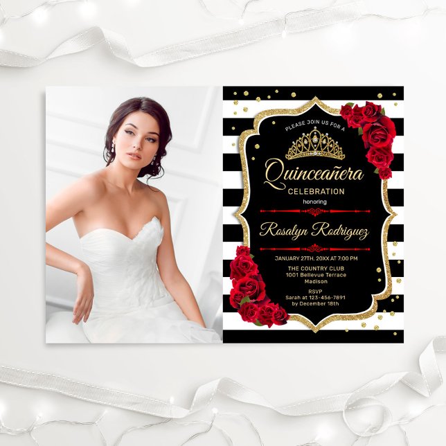 Quinceanera Party med Photo - Red Guld Black Inbjudningar (Skapare uppladdad)