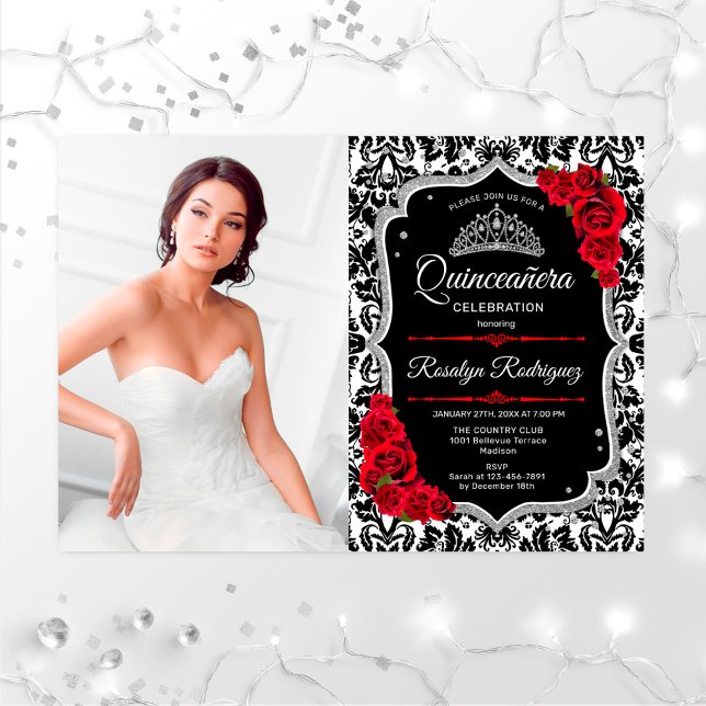 Quinceanera Party med Photo - Red Silver Black Inbjudningar (Skapare uppladdad)
