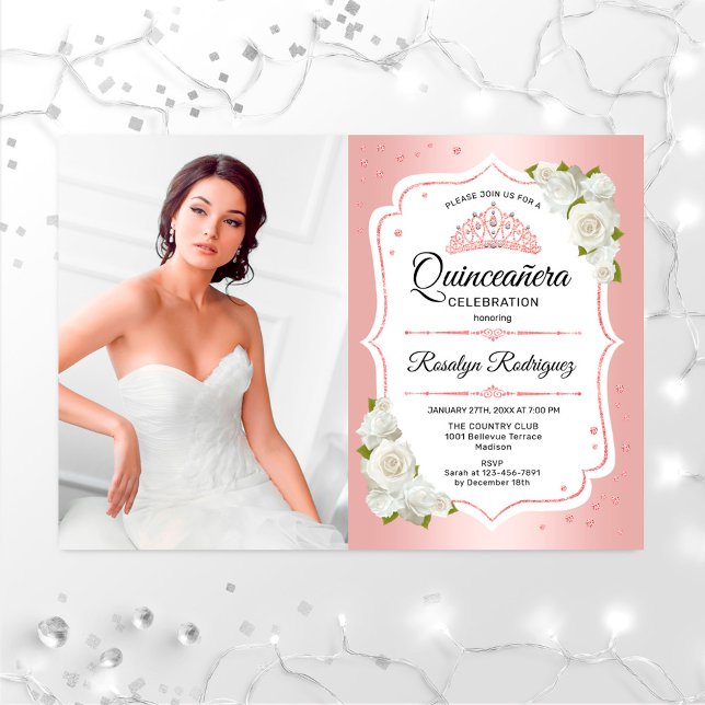 Quinceanera Party med Photo - Ro Guld White Inbjudningar (Skapare uppladdad)