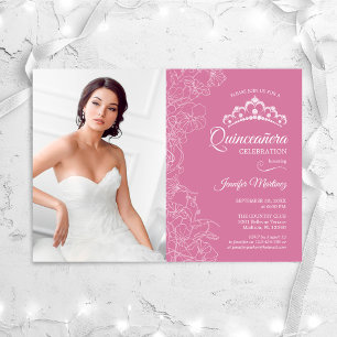 Quinceanera Party med Photo - Rosa White Blommigt Inbjudningar