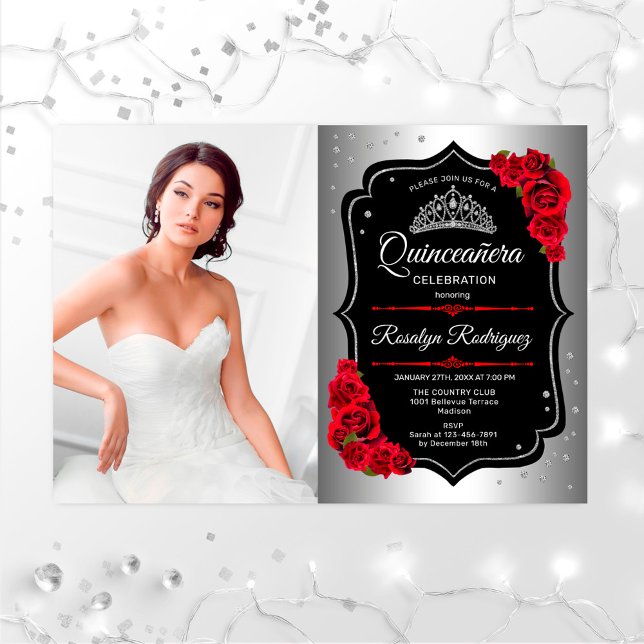 Quinceanera Party med Photo - Silver Black Red Inbjudningar (Skapare uppladdad)