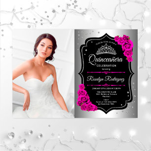 Quinceanera Party med Photo - Silver Black Rosa Inbjudningar
