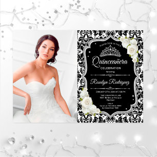 Quinceanera Party med Photo - Silver Black White Inbjudningar