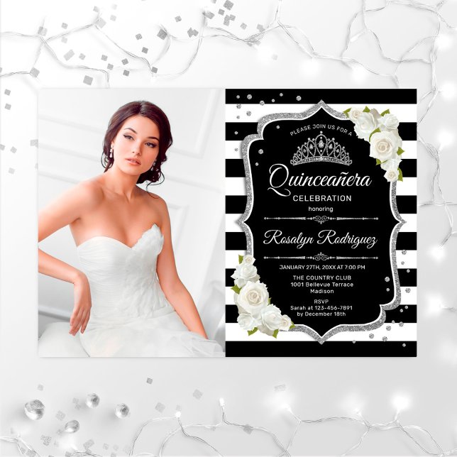Quinceanera Party med Photo - Silver Black White Inbjudningar (Skapare uppladdad)
