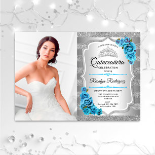 Quinceanera Party med Photo - Silver Isig Blue Inbjudningar