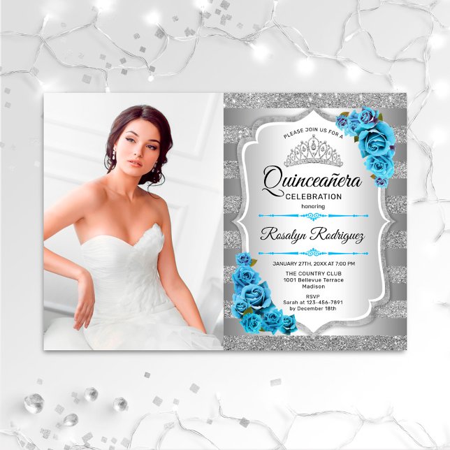 Quinceanera Party med Photo - Silver Isig Blue Inbjudningar (Skapare uppladdad)