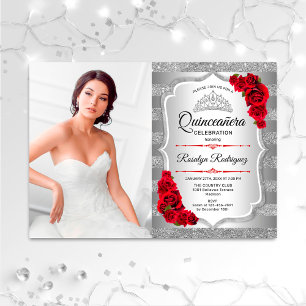 Quinceanera Party med Photo - Silver Red Inbjudningar