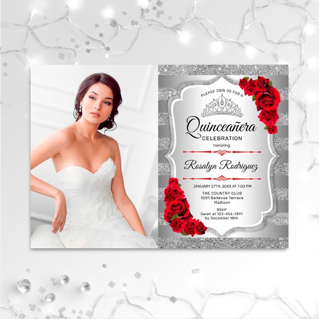 Quinceanera Party med Photo - Silver Red Inbjudningar (Skapare uppladdad)