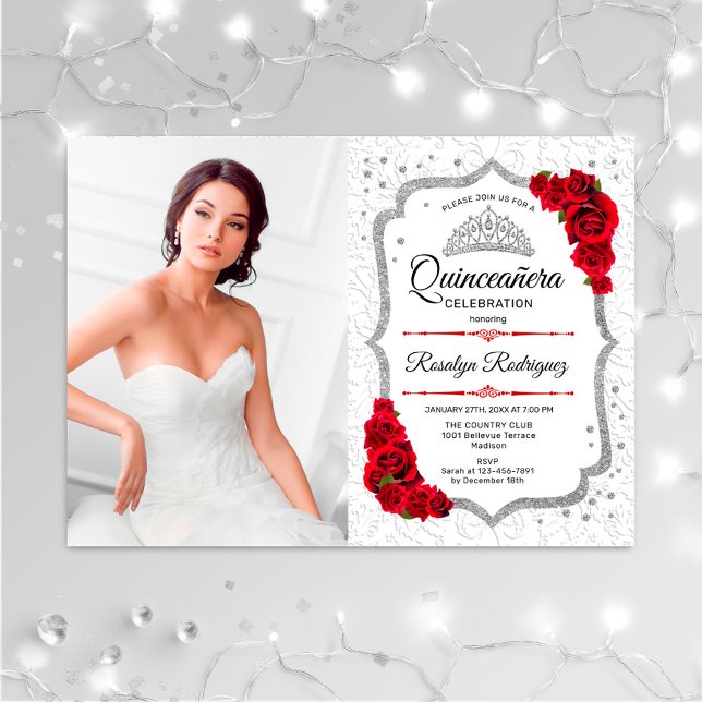 Quinceanera Party med Photo Silver Red Inbjudningar (Skapare uppladdad)