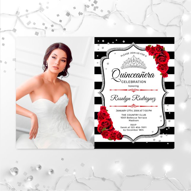 Quinceanera Party med Photo - Silver Red White Inbjudningar (Skapare uppladdad)