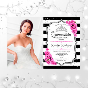 Quinceanera Party med Photo - Silver Rosa White Inbjudningar