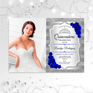 Quinceanera Party med Photo - Silver Royal Blue Inbjudningar