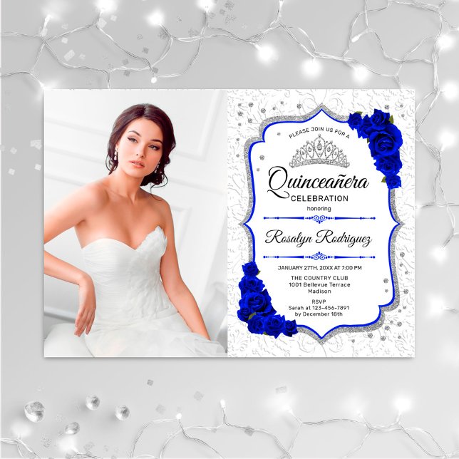 Quinceanera Party med Photo - Silver Royal Blue Inbjudningar (Skapare uppladdad)