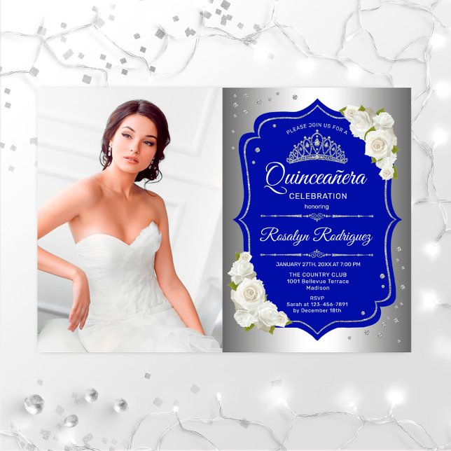 Quinceanera Party med Photo - Silver Royal Blue Inbjudningar (Skapare uppladdad)