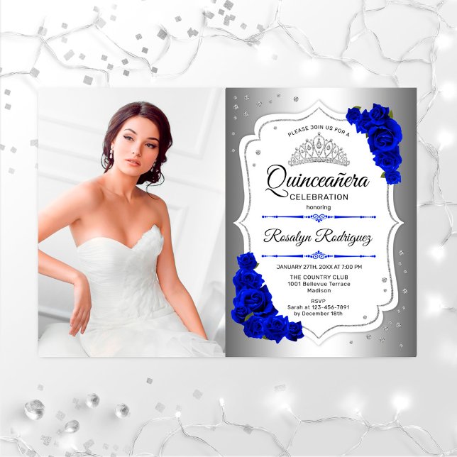 Quinceanera Party med Photo - Silver Royal Blue Inbjudningar (Skapare uppladdad)