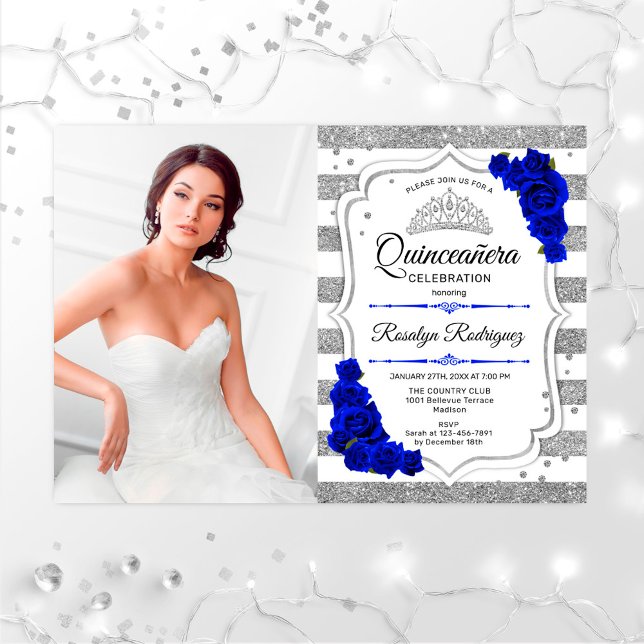 Quinceanera Party med Photo - Silver Royal Blue Inbjudningar (Skapare uppladdad)