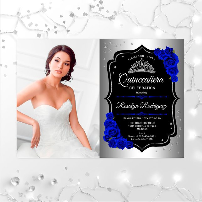 Quinceanera Party med Photo - Silver Royal Blue Inbjudningar (Skapare uppladdad)
