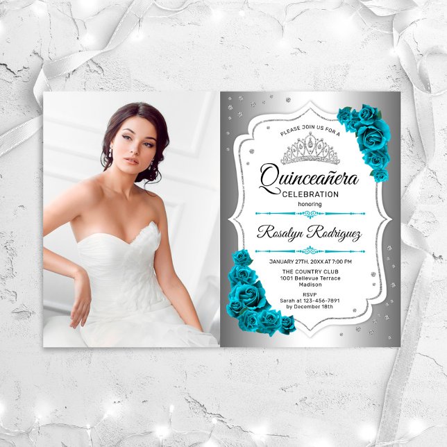 Quinceanera Party med Photo - Silver Teal White Inbjudningar (Skapare uppladdad)