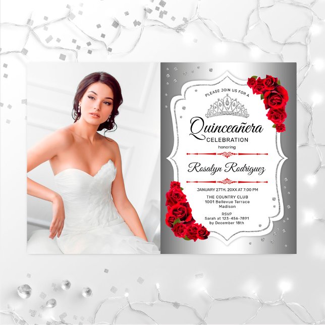Quinceanera Party med Photo - Silver White Red Inbjudningar (Skapare uppladdad)