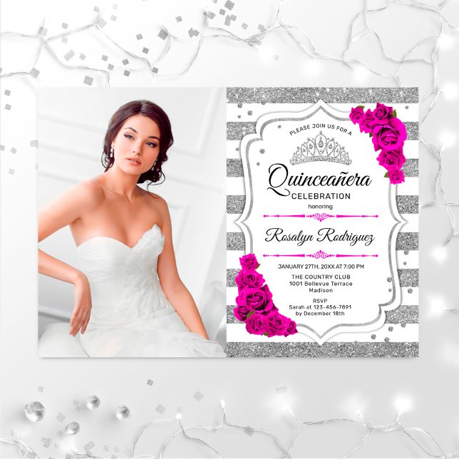 Quinceanera Party med Photo - Silver White Rosa Inbjudningar (Skapare uppladdad)