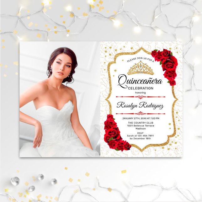 Quinceanera Party med Photo - White Guld Red Inbjudningar (Skapare uppladdad)