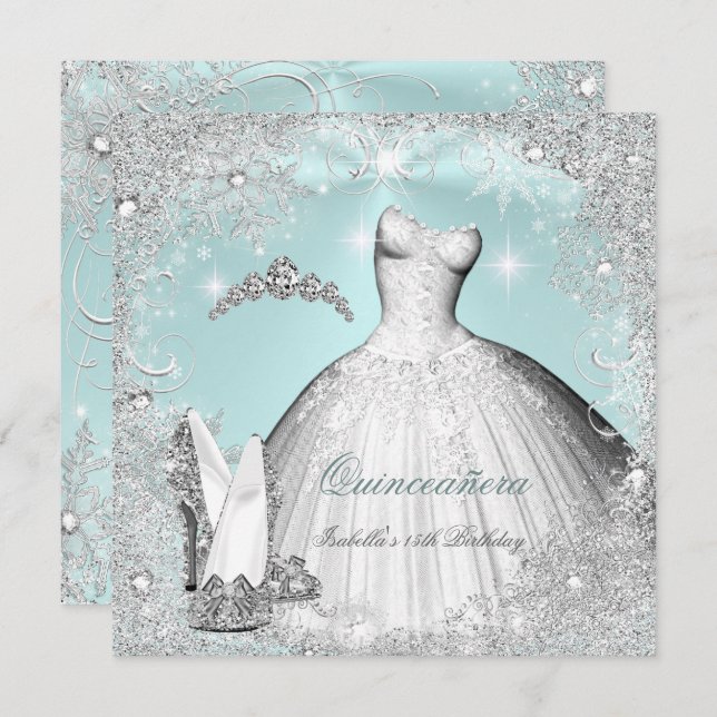 Quinceanera Party Mint Blue Silver Snöflingor Inbjudningar (Fram/baksida)