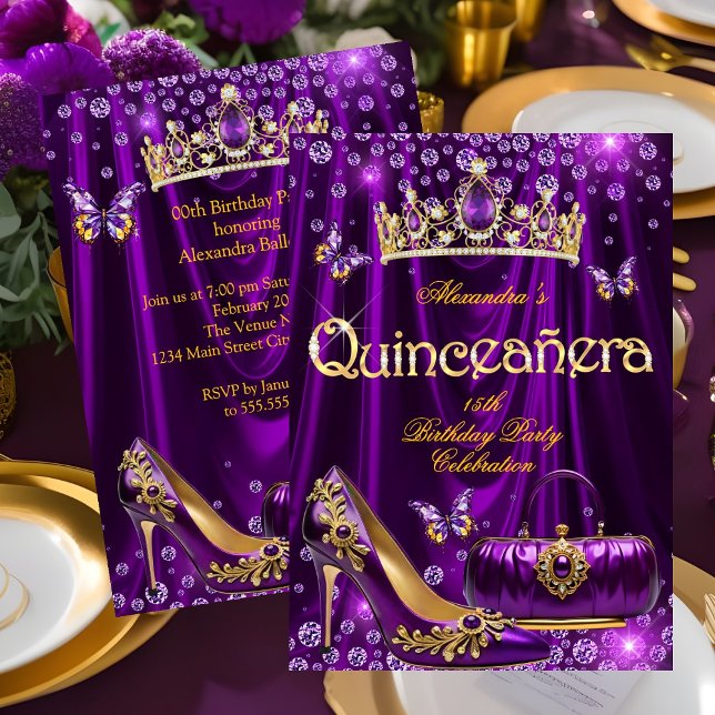 Quinceanera party Purple Tiara High heel gold Inbjudningar (Skapare uppladdad)