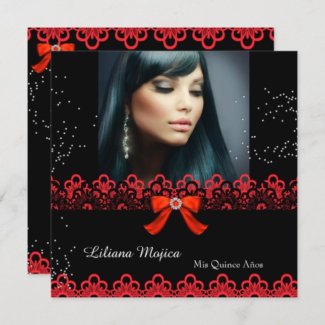 Quinceanera Party Red Snöre Jewel Bow 2 Inbjudningar (Fram/baksida)