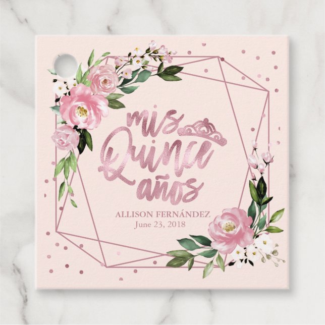 Quinceanera Party Ro Gold Foil  Rosa Blommigt Gåvor Etiketter (Framsida)