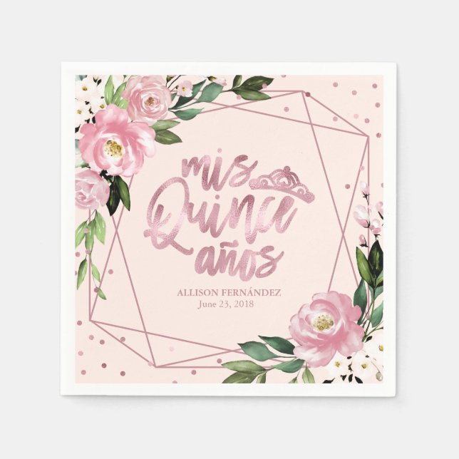 Quinceanera Party Ro Gold Foil  Rosa Blommigt Pappersservett (Framsidan)