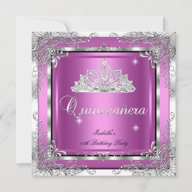 Quinceanera Party Rosa Silver Diamond Tiara Inbjudningar (Framsida)