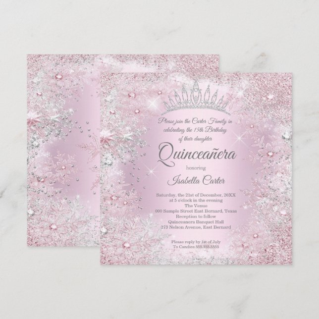 Quinceanera Party Rosa Silver Winter Wonderland Inbjudningar (Fram/baksida)