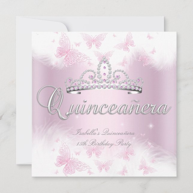 Quinceanera Party Rosa White Tiara Butterfly Inbjudningar (Framsida)