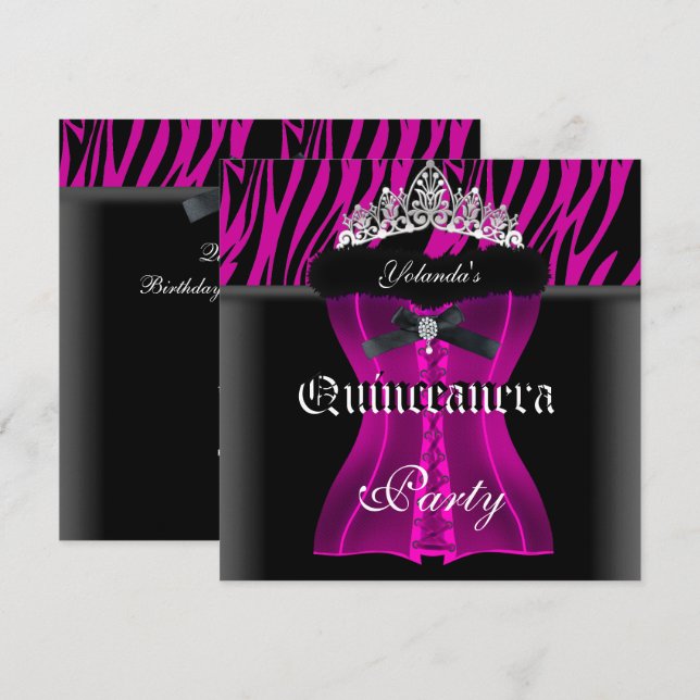 Quinceanera Party Rosa Zebra Black Tiara Corset Inbjudningar (Fram/baksida)